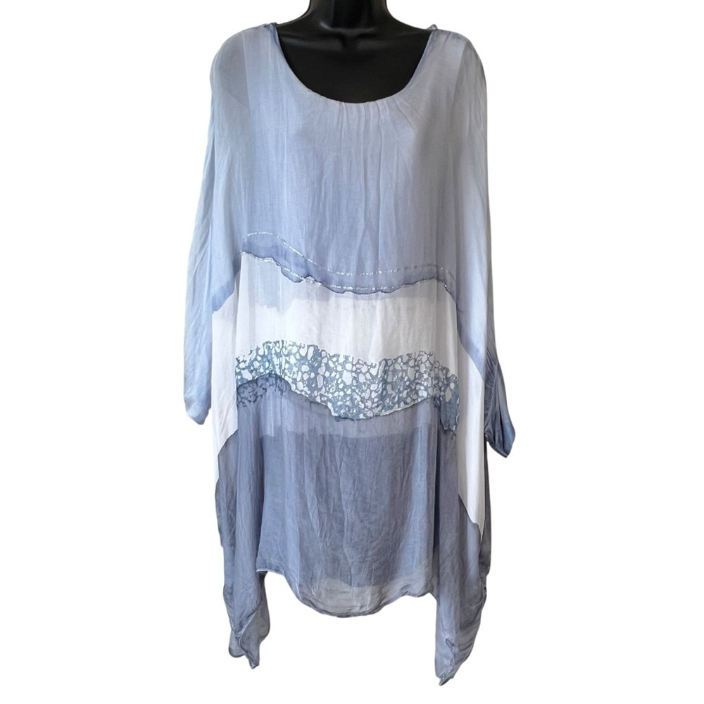 NT by Amati Blue White Ombre Tie Dye Style Print Tunic Blouse Top One Size Silk